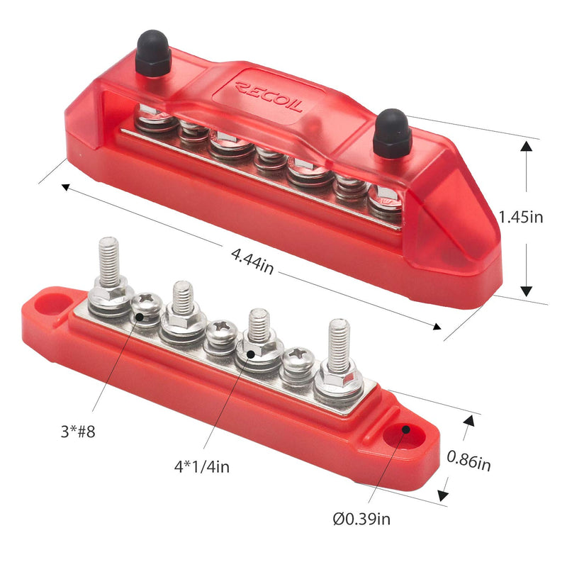 [Australia - AusPower] - Recoil Bus Bar 4 x M5 Studs 3 Screw Terminals Power Distribution Block with Ring Terminals(Red) Red 