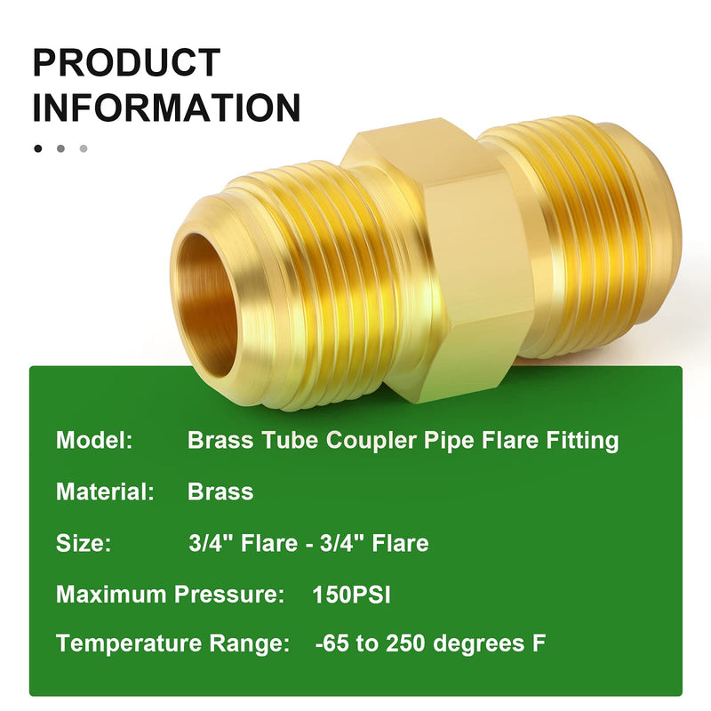 [Australia - AusPower] - TAISHER Metals Brass 2PCS 3/4 Inch Flare x 3/4 Inch Flare Coupler Tube Fitting, Pipe Connector Union Gas Adapter 3/4" Flare x 3/4" Flare 2 