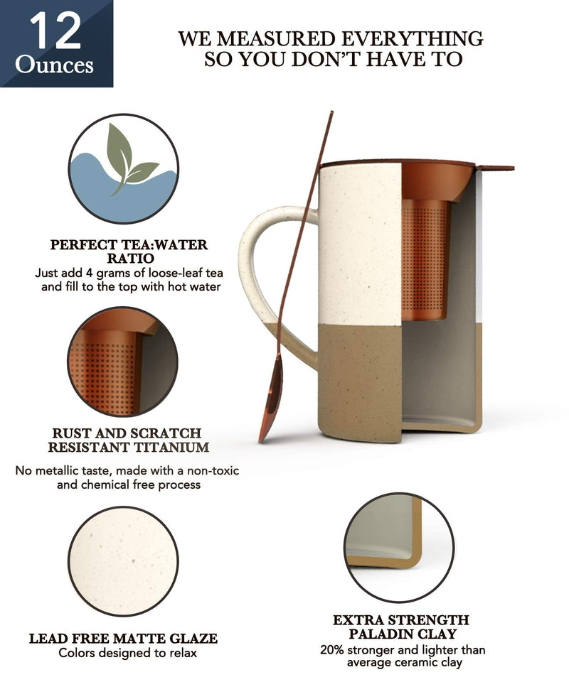 [Australia - AusPower] - Mora Ceramics Tea Cup with Loose Leaf Infuser, Spoon and Lid, 12 oz, Microwave and Dishwasher Safe Coffee Mug - Rustic Matte Ceramic Glaze, Modern Herbal Tea Strainer - Great Gift for Women, Petro 