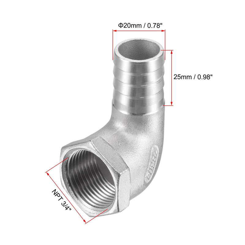 [Australia - AusPower] - uxcell 304 Stainless Steel Hose Barb Fitting Elbow, 20mm Barbed x 3/4" NPT Female Pipe Connector Adapter for Water Fuel Air, Pack of 2 