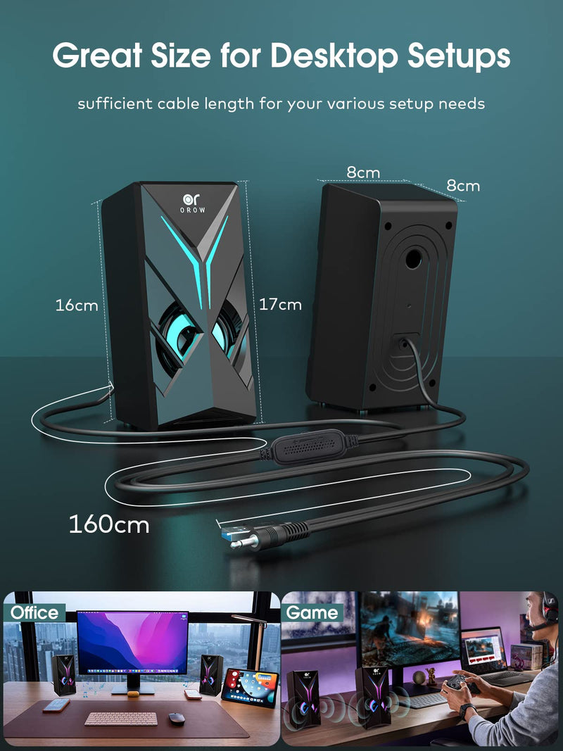 [Australia - AusPower] - OROW Computer Speakers,1OW Speakers for PC 2.0 Channel Gaming Speakers RGB Speakers for Monitor,3.5mm Aux Input Multimedia Desktop Speaker Black 10W 