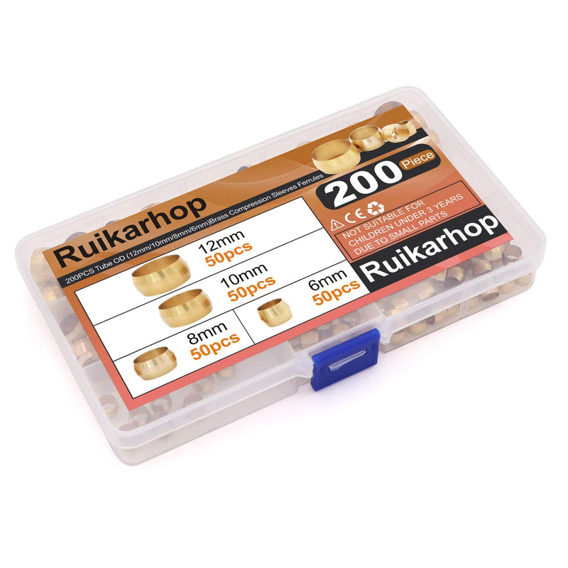 [Australia - AusPower] - Ruikarhop 200PCS Tube OD（6mm 8mm 10mm 12mm) Brass Compression Sleeves Ferrules,Brass Compression Fitting Assortment Kit 