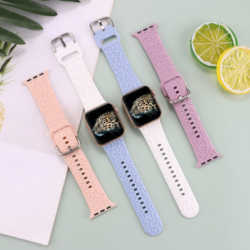 [Australia - AusPower] - 4 Pack Leopard Engraved Strap Compatible with Apple Watch Band 38mm 40mm 41mm,Women Men Silicone Animal Cheetah Accessories Sport Strap Wristbands for iWatch Series 7 6 5 4 3 2 1 SE 38/40/41mm White/Pink Sand/Lavender Purple/Lilac Blue 