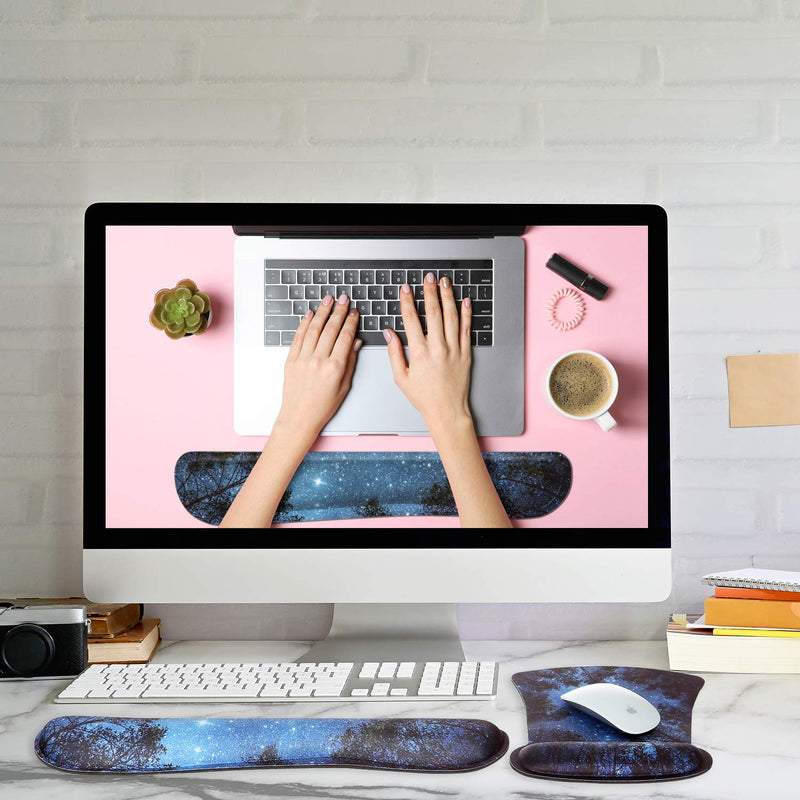 [Australia - AusPower] - Ergonomic Mouse Pad with Wrist Support and Keyboard Wrist Rest Pad, iDonzon Cute Wrist Pad with Non-Slip Rubber Base and Raised Memory Foam, Easy Typing & Pain Relief, Forest Starry Blue 