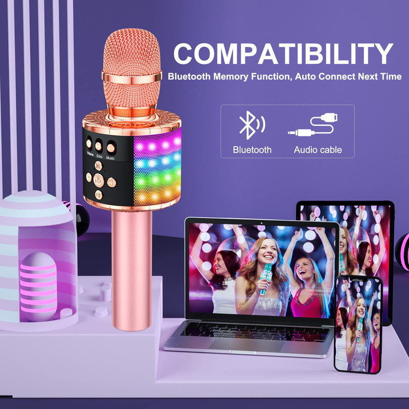 [Australia - AusPower] - BONAOK Wireless Bluetooth Karaoke Microphone with Controllable LED Lights, Portable Handheld Karaoke Speaker Machine Birthday Home Party for All Smartphone Q78 (Rose Gold) Rose Gold 