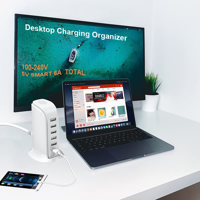 [Australia - AusPower] - Charging Station for Multiple Devices 40W Upoy, Wall Charger Block 5 USB Ports(Shared 6A), USB Charging Hub Smart IC, Charger Tower with Type-C 3A for iPhone iPad Tablets Smartphones, Home Office Use white 