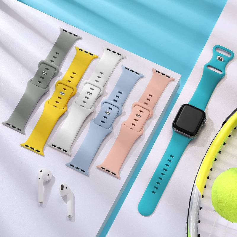 [Australia - AusPower] - [6 Pack] SNBLK Compatible with Apple Watch Bands 45mm 44mm 42mm 41mm 40mm 38mm, Soft Silicone Sport Wristbands Replacement Strap Compatible for iWatch Series 7 6 5 4 3 2 1 SE White/Pink/Gray/Teal/Sky Blue/Yellow 42mm/44mm/45mm 