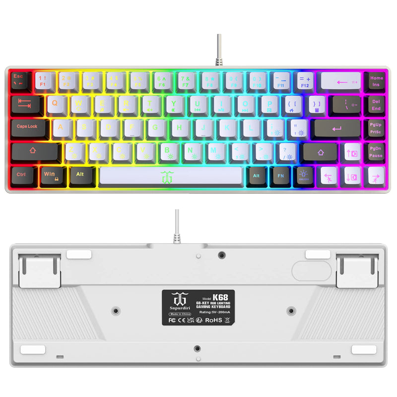 [Australia - AusPower] - Snpurdiri 60% Gaming Keyboard, RGB Backlit Mini Keyboard,Built-in Steel Plate, Membrane Keyboard but Super Mechanical Feel for Windows PC Gamers(68 Keys,White-Black) White Black 