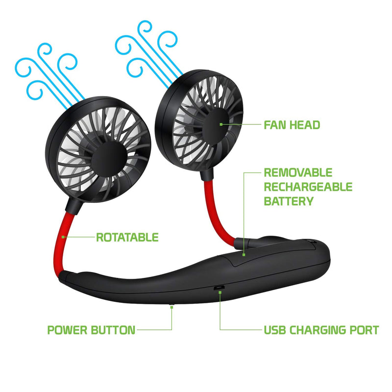 [Australia - AusPower] - Cellet Hands Free Portable Double Side Neck Held Fans, Rechargeable USB Battery Personal Mini Fan (Black) Black 