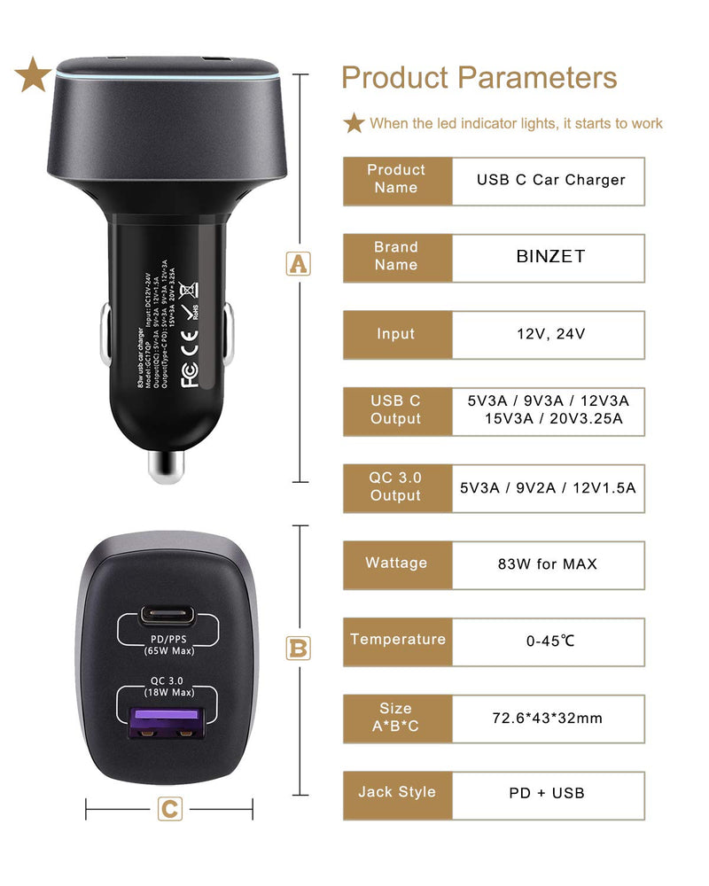 [Australia - AusPower] - Car Charger USB C 83W, 65W Type C PD3.0 and 18W QC3.0 Dual Port Fast Car Charger Adapter for iPhone 12, Samsung Galaxy, iPad Pro, Pixel, MacBook, Surface Book 3 2 Laptop 4 3 Pro X 7(with 3A Cable) 