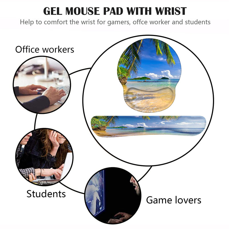 [Australia - AusPower] - Keyboard Wrist Rest and Mouse Pad Wrist Support Set with Coasters, Non-Slip PU Base Ergonomic Gaming Mousepad for Home Office Working Studying Easy Typing & Pain Relief, Shore Palms Tropical Beach 