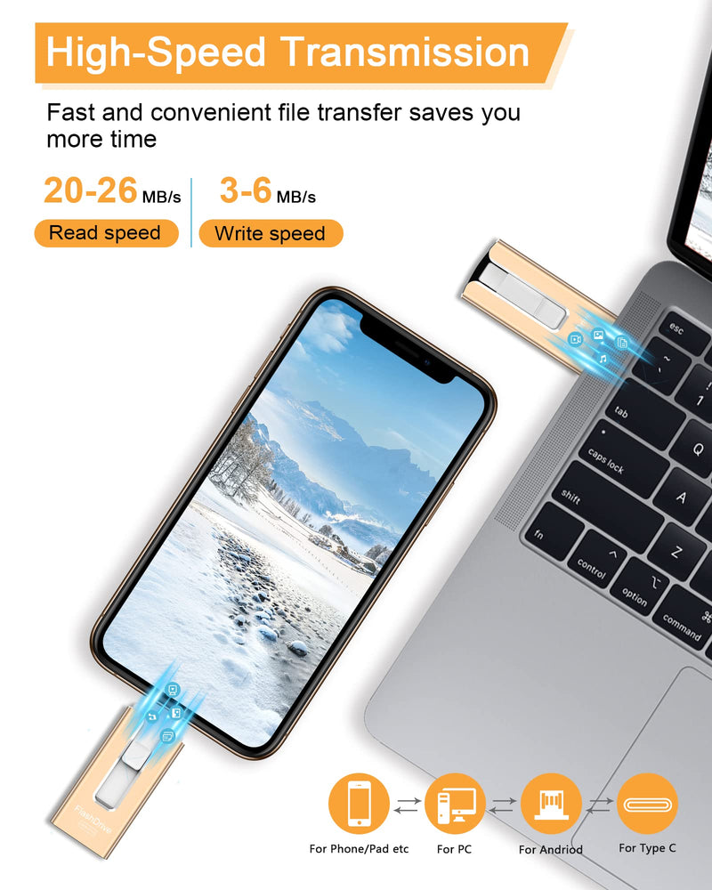 [Australia - AusPower] - Sunany Flash Drive 512GB Thumb Drive USB Memory Stick High Speed External Storage USB Stick Photo Stick for Phone, Pad, Android, PC and More Devices (Gold) Gold 