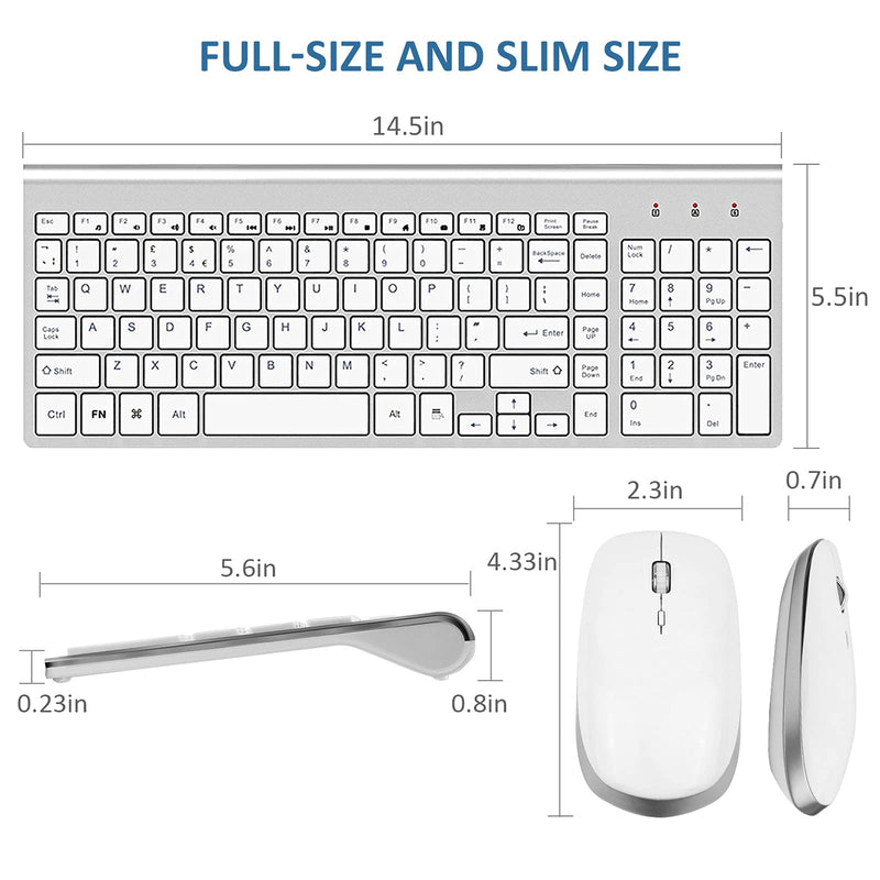 [Australia - AusPower] - Wireless Keyboard and Mouse - FENIFOX USB Slim 2.4G Wireless Keyboard Mouse Combo Full-Size Ergonomic Compact with Number Pad for Laptop PC Computer Windows mac- Silver White 