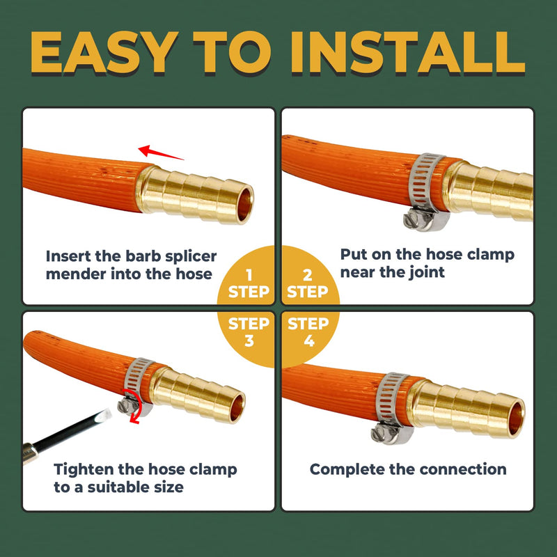 [Australia - AusPower] - LIONMAX Barb Splicer Mender, 3/8 Inch to 3/8 Inch Barb Hose ID,(4 PCS), Brass Barb Union Hose Fittings, with 8 Hose Clamps, for Air/Water/Fuel/Oil 