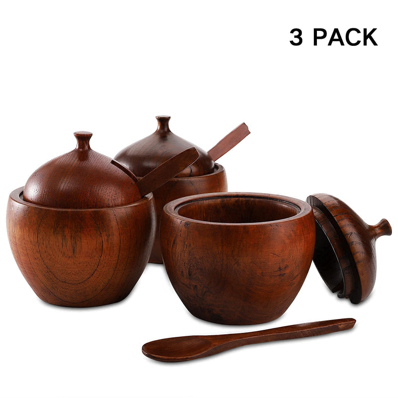 [Australia - AusPower] - DEAYOU 3 Pack Wooden Salt Box with Lid and Spoon, Natural Wood Spice Pepper Containers Cellars, Round Sugar Condiment Bowls Storage Jars Keepers for Seasoning, Chili Powder 