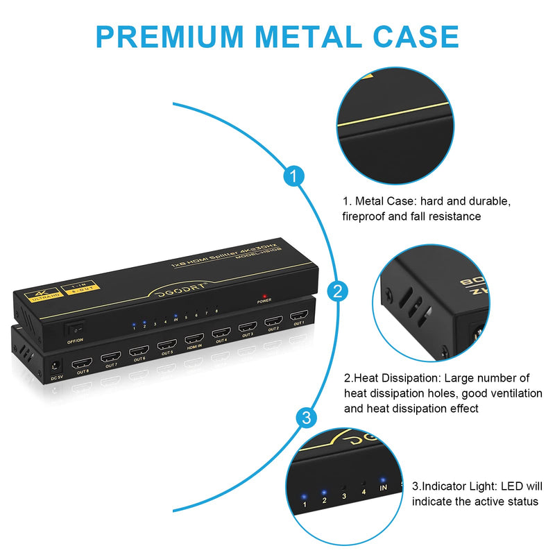 [Australia - AusPower] - DGODRT 4K 1x8 HDMI Splitter, 8 Port HDMI Splitter 1 in 8 Out Powered HDMI Video Splitter Support 4K@30Hz 3D HDCP1.4 Compatible with HDTV, STB, DVD, PS3/4, Projector 