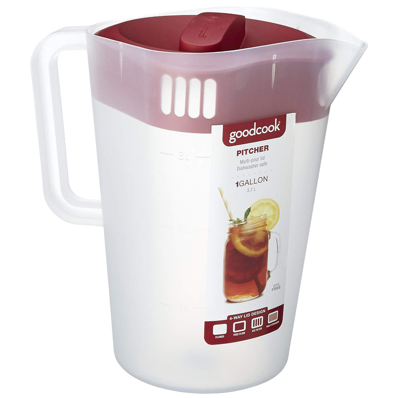 [Australia - AusPower] - Goodcook 10658 1 gallon plastic straining pitcher square lid with 3 strainers and close no spill, Dishwasher Safe, Clear and Red 