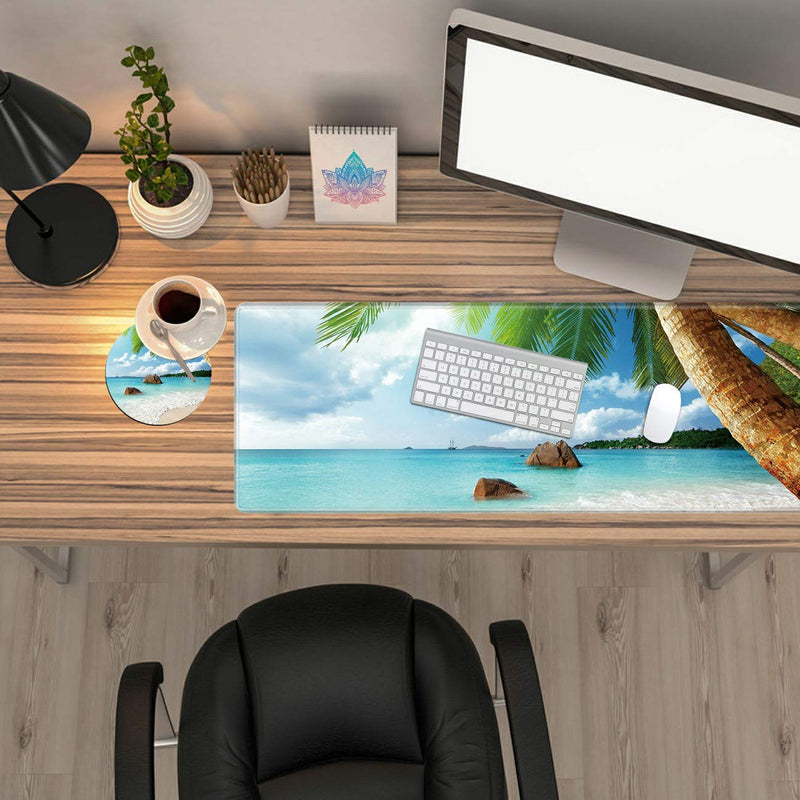 [Australia - AusPower] - Desk Mat, Multifunctional Desk Pad for Keyboard and Mouse, with Cute Coasters and Mandala Stickers with Stitched Edges Non Slip Base Laptop Mouse pad for Office and Home, Seaside Tropical Palm Tree 
