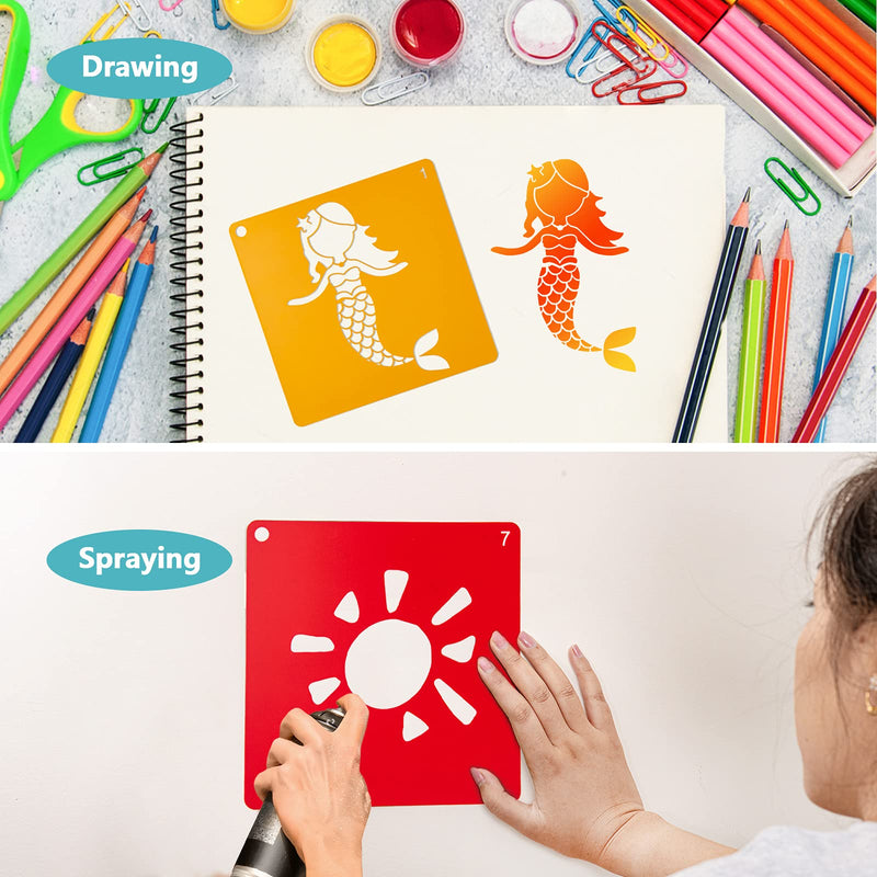 [Australia - AusPower] - 20 PCS Ocean Creatures Stencils for Kids, 8 x 8 Inch ViikiFain Drawing Stencils for Painting on Wood Colorful Sidewalk Chalk Stencils with 4 Pcs Stickers for Kids, Reusable DIY Art and Craft Stencils #2 