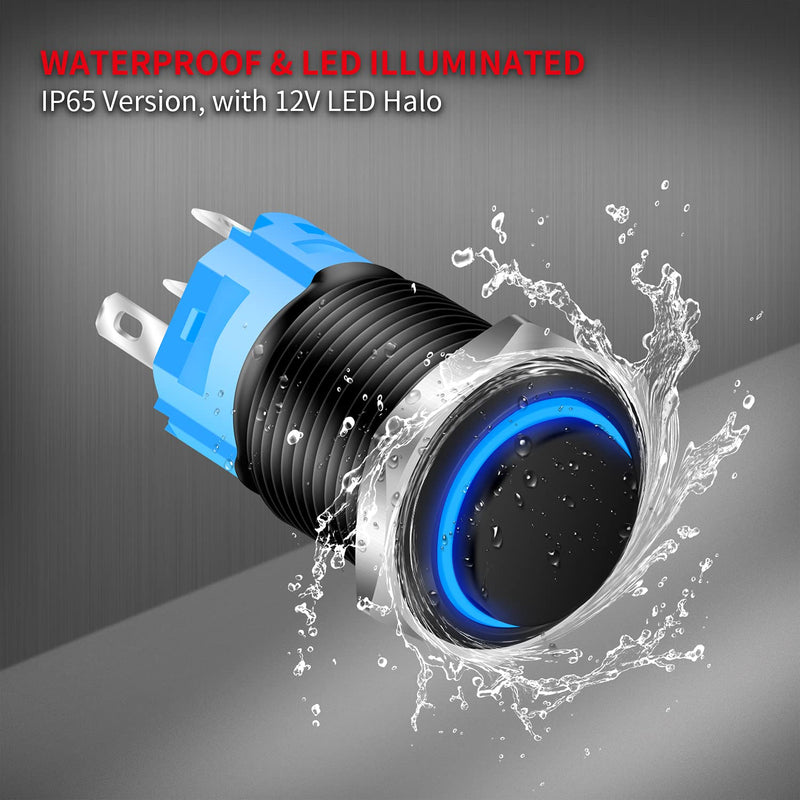 [Australia - AusPower] - DaierTek Latching Push Button Switch 12V Pushbutton Switch Blue LED 12 Volt Push Button Switch Metal Waterproof ON Off Switch 16mm with Label -5Pack 