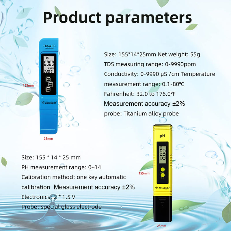 [Australia - AusPower] - Divolight [pH and TDS & EC Tester kit] pH Tester Digital Accuracy 0.01 Lab PH Meter Pen Type pH Meter and 3-in-1 TDS Meter, PPM pH Meter for Water, Practical Water Testing Kit pH and TDS Meter Combo pH and TDS & EC Tester kit 