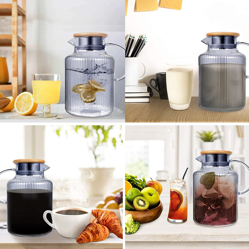 [Australia - AusPower] - LUCKY-GO Glass Pitcher with Filter Lid, Spout and Handle, 61 Ounces Heat Resistant Borosilicate Glass Water Pitcher, Glass Carafe with Brush for Hot Cold Water, Milk, Iced Tea, Juice, Beverage, Gray 