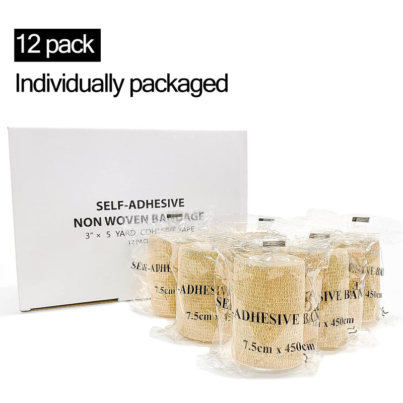[Australia - AusPower] - Self Adhesive Bandage Wrap(12 Pack, 3 Inch x 5 Yards), First Aid Medical Cohesive Bandage Tape, Breathable Elastic Sports Athletic Tape Wrap for Ankle, Wrist, Knee, Foot Sprains & Swelling(Tan)… Brown (Pack of 12) 