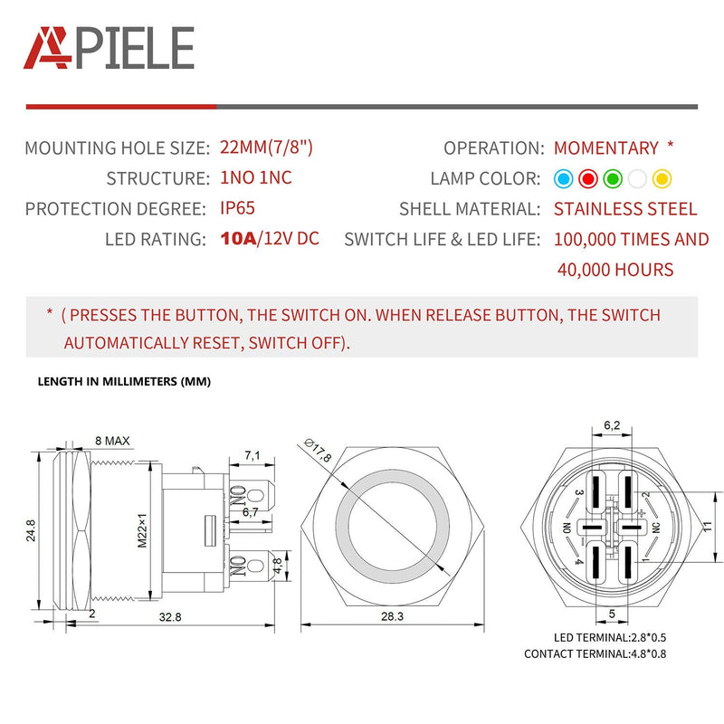 [Australia - AusPower] - APIELE 10 Amp 22mm Momentary Push Button Switch 12V Angel Eye LED Waterproof Stainless Steel Round Self Reset 7/8'' 1NO 1NC (10 Amp/Blue Led) 10Amp Silver Shell Blue 