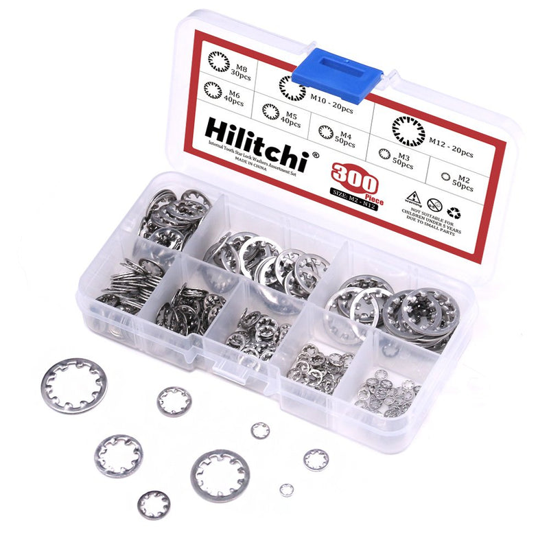 [Australia - AusPower] - Hilitchi 300-Pcs [8-Size] 304 Stainless Steel Internal Tooth Star Lock Washers Assortment Set - Size Included: M2 M3 M4 M5 M6 M8 M10 M12 
