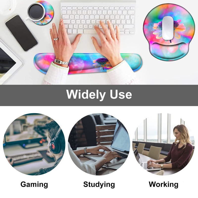[Australia - AusPower] - Ergonomic Mouse Pad and Keyboard Wrist Rest Set, Non Slip PU Base Easy Typing Pain Relief Gaming Mousepad with Coaster 3-in-1 Combo for Computer Laptop Home Office, Pink Watercolor Flower 3 Pcs Set 