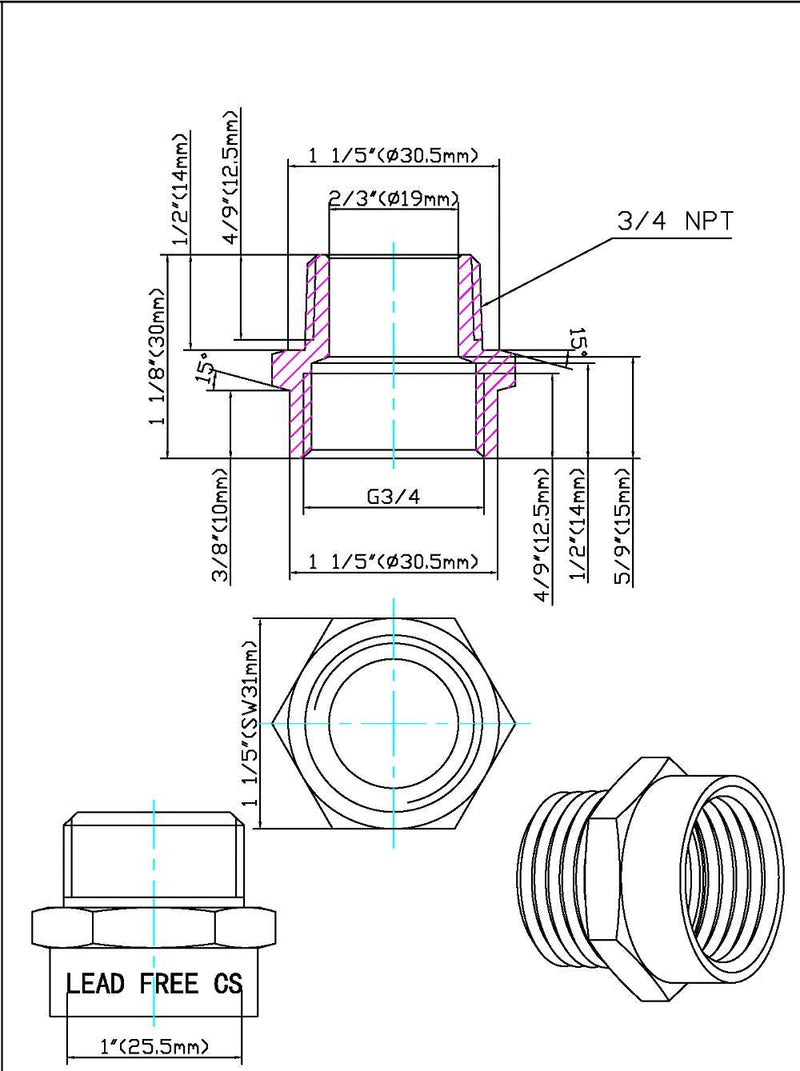 [Australia - AusPower] - G Thread (Metric BSP) Female to NPT Thread Male Pipe Fitting Adapter - Lead-Free (Two 3/4 inch) 3/4" x 3/4" (2 Pieces) 