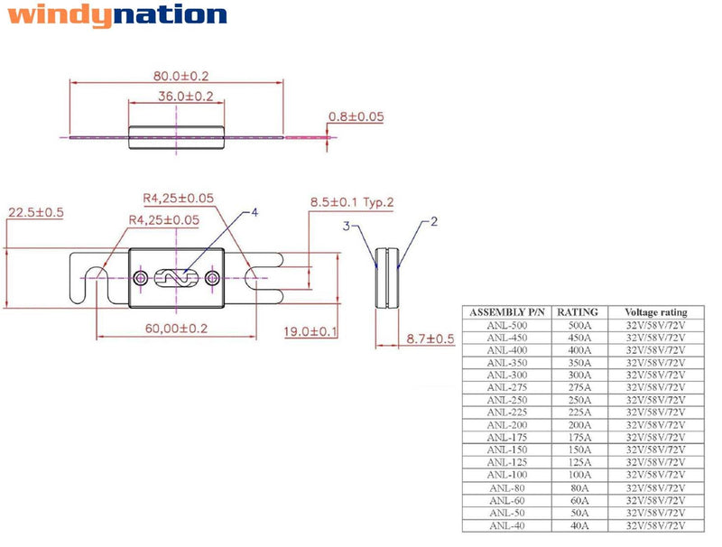 [Australia - AusPower] - WindyNation ANL Fuse Holder + ANL Fuse (2pcs 250A Fuse) 2pcs 250A Fuse 