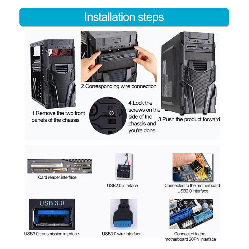 [Australia - AusPower] - 5.25 Inch Multifunction Front Panel Internal Card Reader,USB 3.0 Port All in one Multimedia 64G PC Dashboard Card Reader with 6 Copper Plated Card Slots,Support M2, SD, MS, XD, CF, TF Card 