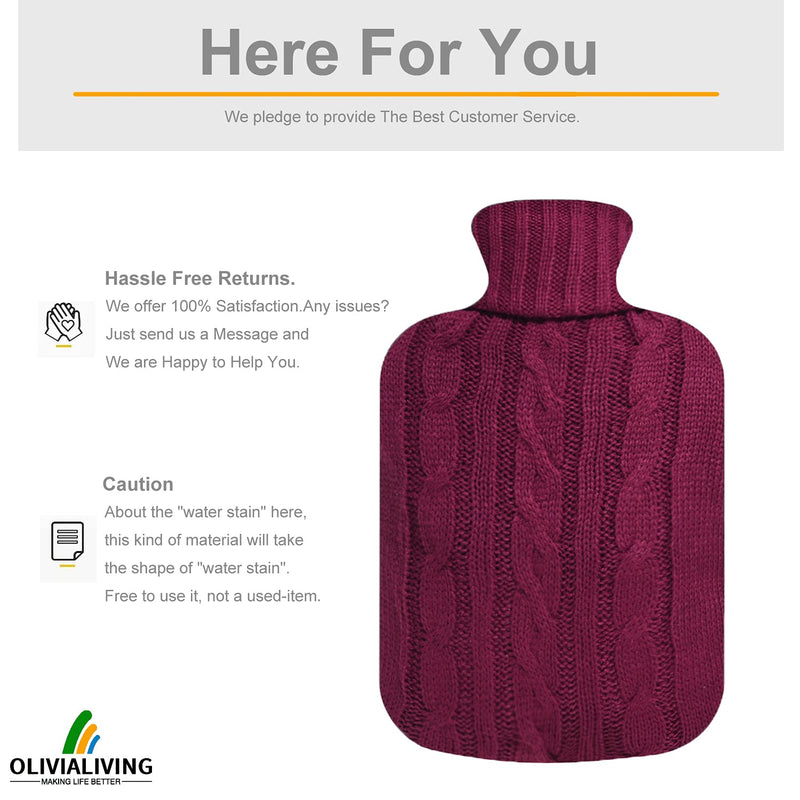 [Australia - AusPower] - OliviaLiving Classic Transparent Hot Water Bottle 2 Liter with Knit Cover - Great for Cramps, Pain Relief & Cozy Nights - Water Heating Pad - Feet & Bed Warmer for Adults Pink Burgundy 