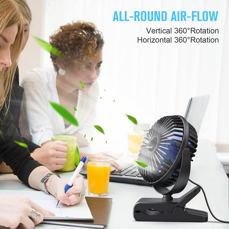 [Australia - AusPower] - BESKAR USB Powered Clip on Fan, 6 Inch Portable Fan with Cord, 3 Speeds Strong Airflow, Small Fan with Sturdy Clamp, Quiet Personal Desk Fan & Clip Fan Black Blue Blades 