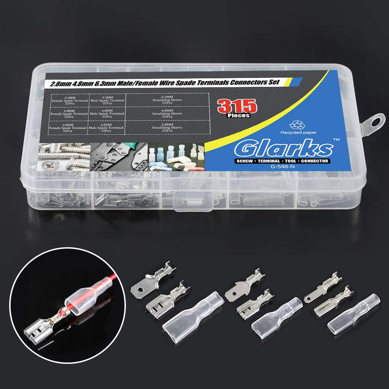 [Australia - AusPower] - Glarks 315Pcs Quick Splice 2.8mm 4.8mm 6.3mm Male and Female Wire Spade Connector Wire Crimp Terminal Block with Insulating Sleeve Assortment Kit 315Pcs Silver Spade Connector 