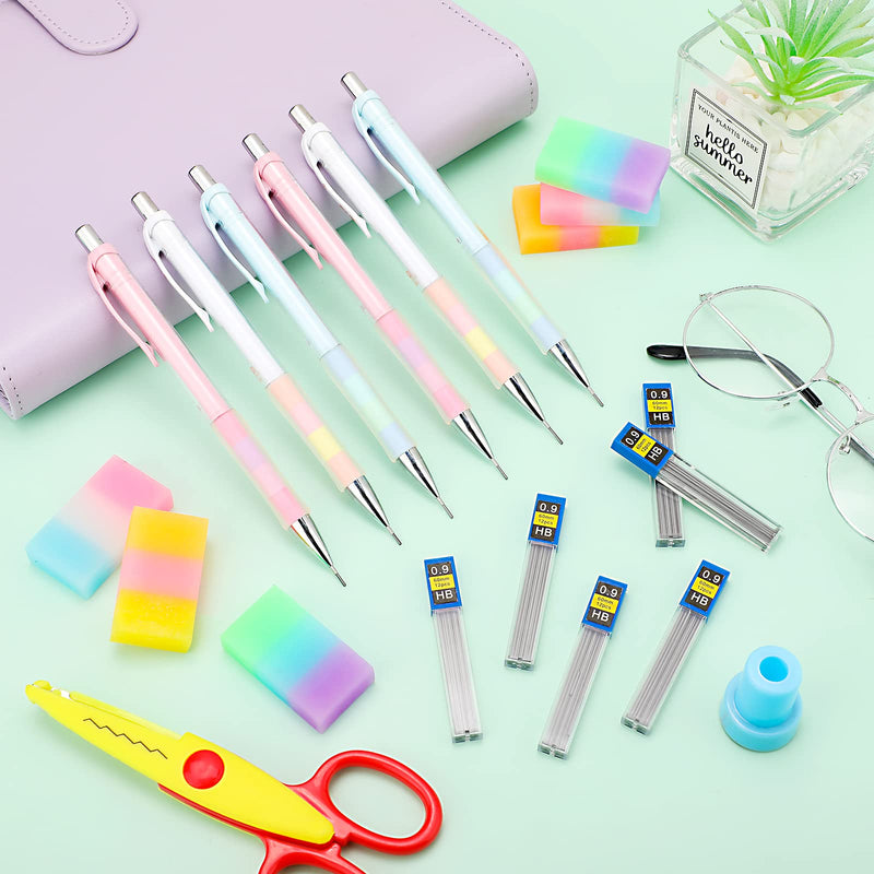 [Australia - AusPower] - 18 Pieces Mechanical Pencil Set Include 6 Pcs Fancy Mechanical Pencils 6 Tubes of 0.9 mm Refills 6 Pieces Jelly Erasers for Writing Draft, Drawing, Sketch, Architecture 