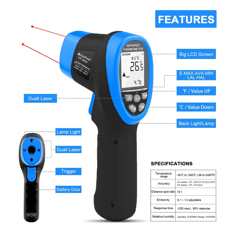 [Australia - AusPower] - HOLDPEAK HP-985B Infrared Thermometer Non-Contact, -58℉~2480℉ (-50℃～1360℃), Dual Laser Digital IR Temperature Gun with Adjustable Emissivity for Forge Melting Furnace Kilns Industry 【NOT for Human】 985B-(-50~1360℃ Dual Laser) 