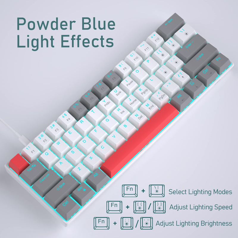 [Australia - AusPower] - 60% Mechanical Gaming Keyboard, Grey&White Gaming Keyboard with Hot Swappable Linear Red Switches, Wired Detachable Type-C Cable Mini Keyboard with Powder Blue Backlight for Windows/Mac/PC/Laptop grey&white with hot swappable red switch 