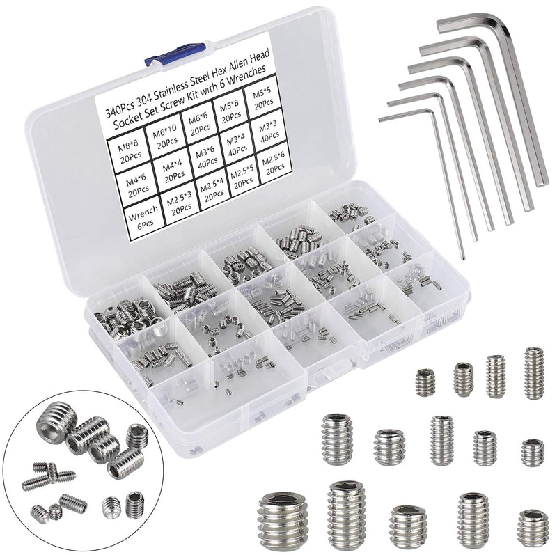 [Australia - AusPower] - HanTof 340Pcs M2.5, M3, M4, M5, M6, M8 Metric Hex Socket Head Cup Point Set Screws, Allen Head Grub Screw, Internal Hex Drive Headless Set Screw Assortment Kit with 6 Hex Wrenches, 304 Stainless Steel Silver-340pcs Metric M2.5-M8 Cup Point Set Screw 