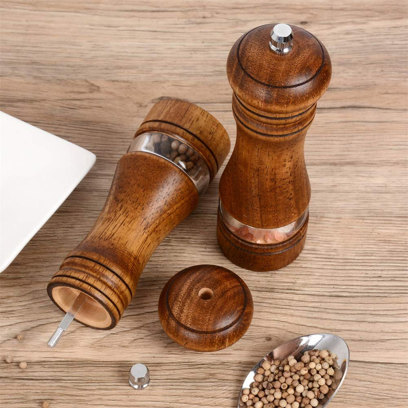[Australia - AusPower] - Haomacro Pepper Grinder,Wood Salt and Pepper Grinder Mills Sets, Classic Manual Salt Grinder Refillable Pepper Mill Sets with Acrylic Visible Window Adjustable Ceramic Grinding Rotor 6.5inch 2 Pack 6.5inch brown 