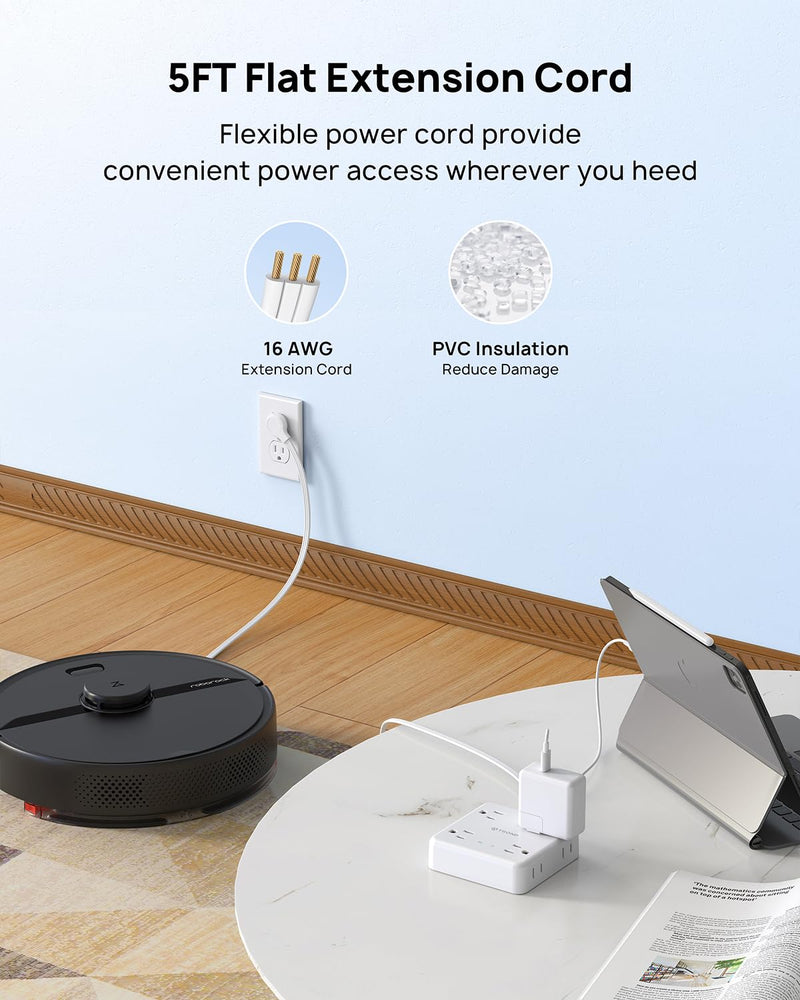 [Australia - AusPower] - TROND Power Strip Surge Protector, Flat Plug Extension Cord 1625W, 8 Widely-Spaced Outlets, 5FT Ultra Thin Cord, 1440J Surge Protection, Desk Charging Station for Home, Office, Dorm Room, White 5 FT 