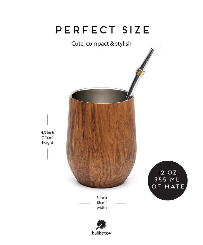 [Australia - AusPower] - BALIBETOV Modern Mate Cup And Bombilla Set (Yerba Mate Cup) -Yerba Mate Set includes Double Walled 18/8 Stainless Steel Mate Tea Cup, Two Bombilla Mate (Straw) and a Cleaning Brush (Wood, 12) Wood 12.0 ounces 