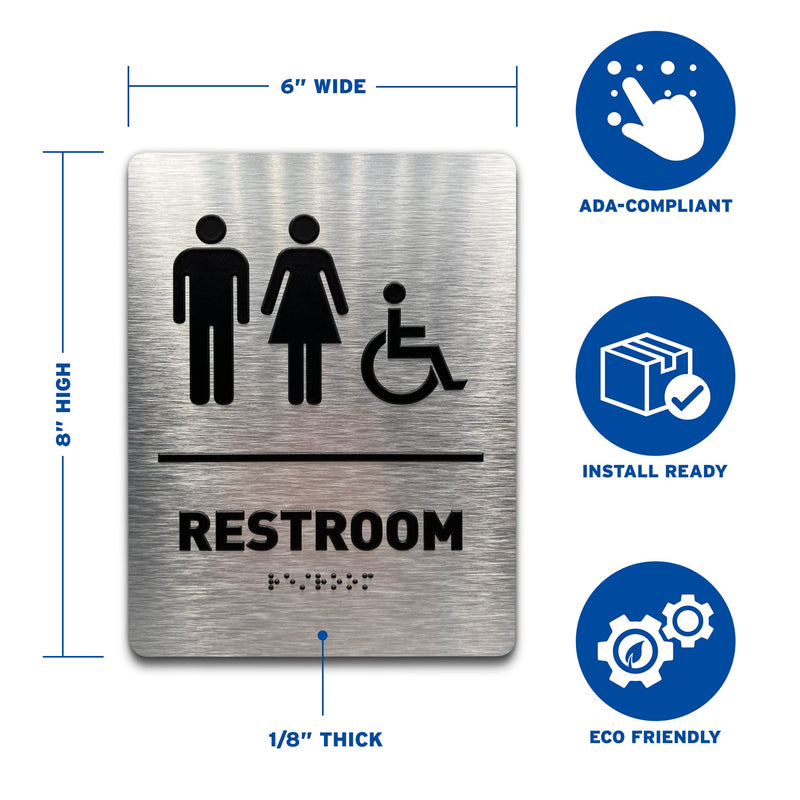 [Australia - AusPower] - Unisex/Wheelchair Bathroom Sign by GDS - ADA Compliant, Wheelchair Accessible, Raised Icons, & Grade 2 Braille - Includes Adhesive Strips for Easy Installation - Modern Restroom Signs for Offices, Businesses, & Restaurants - 6" W x 8" H (Brushed Alumin... 