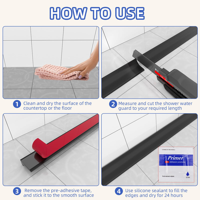 [Australia - AusPower] - Symyda Collapsible Shower Threshold Water Dam Barrier, Shower Water Blocker Strip for Wall, Silicone Self Adhesive Shower Water Guard for Dry and Wet Separation (1.5M/59In, Black) 1.5M/59In 