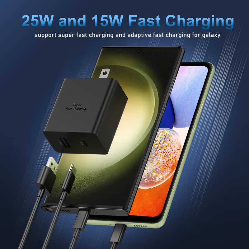 [Australia - AusPower] - Dual Port USB C Charger, Excgood 25W+15W Super Fast Charging Type C Phone Charger with 6ft USB C to C Cable Compatible with Samsung Galaxy S23 Ultra S22 S21 S20 A53 A54 A14 Tab S8-2Pack,Black White Black White 