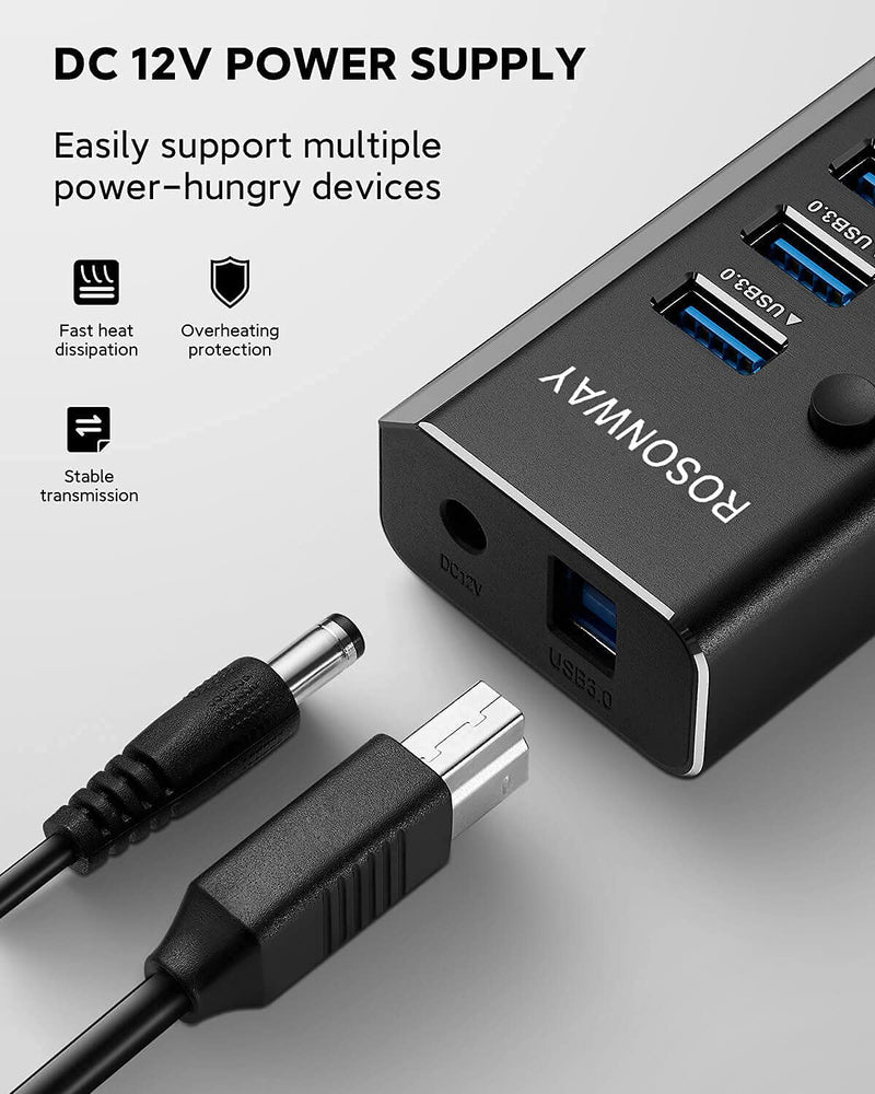 [Australia - AusPower] - Powered USB Hub, Rosonway Aluminum 10 Port USB 3.0 Data Hub with 36W (12V/3A) Power Adapter and Individual On/Off Switches USB Splitter(RSH-A10) 
