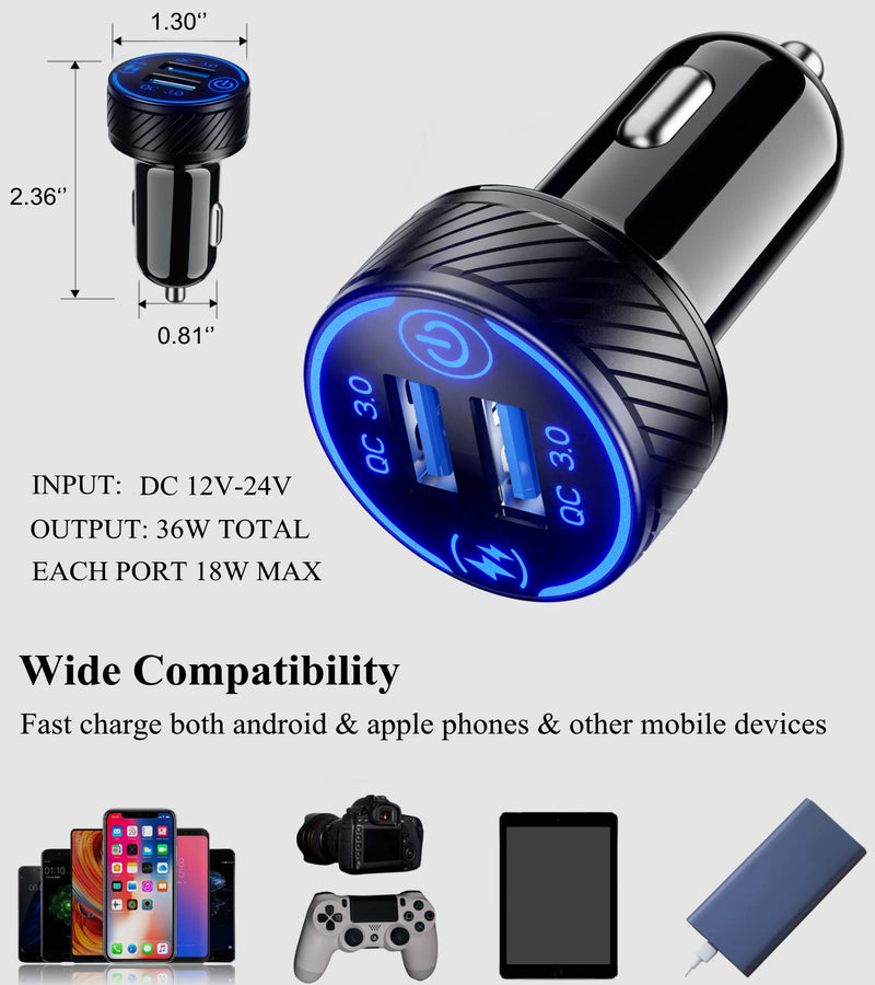 [Australia - AusPower] - Car Charger, BRCOVAN Dual QC3.0 Port USB Car Charger Adapter, 36W 3A Fast Charge Car Phone Charger with Touch Switch & Blue LED 