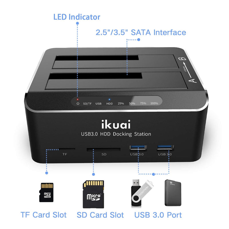 [Australia - AusPower] - ikuai SATA to USB 3.0 Dual Bay Hard Drive Dock for 2.5" and 3.5" SATA HDD SSD with SD TF Card Reader 2 USB 3.0 Ports and Offline Clone Function External Hard Drive Docking Station (UASP Supported) 