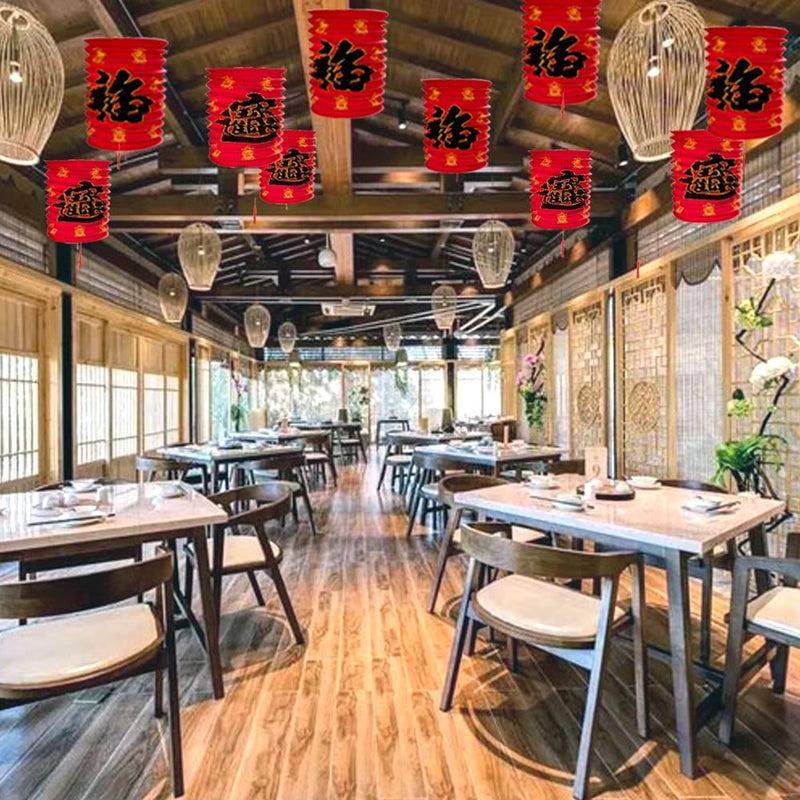 [Australia - AusPower] - Aiminjey 10PCS 2024 Chinese Lunar New Year Red Lucky Fu Paper Lanterns Decoration, 6.3inch Hanging Asia Red Paper Lamps for Midddle Autumn Festival Party, Birthday Wedding Lanterns Decor Kit 